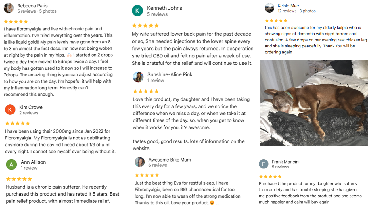 Customer reviews for CBD Oil Australia, including text and a happy kelpie sleeping peacefully
